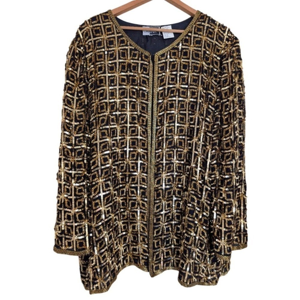 Vintage Silk‎ Sequin Beaded Evening Jacket 3X Statement Party Cocktail Occasion
